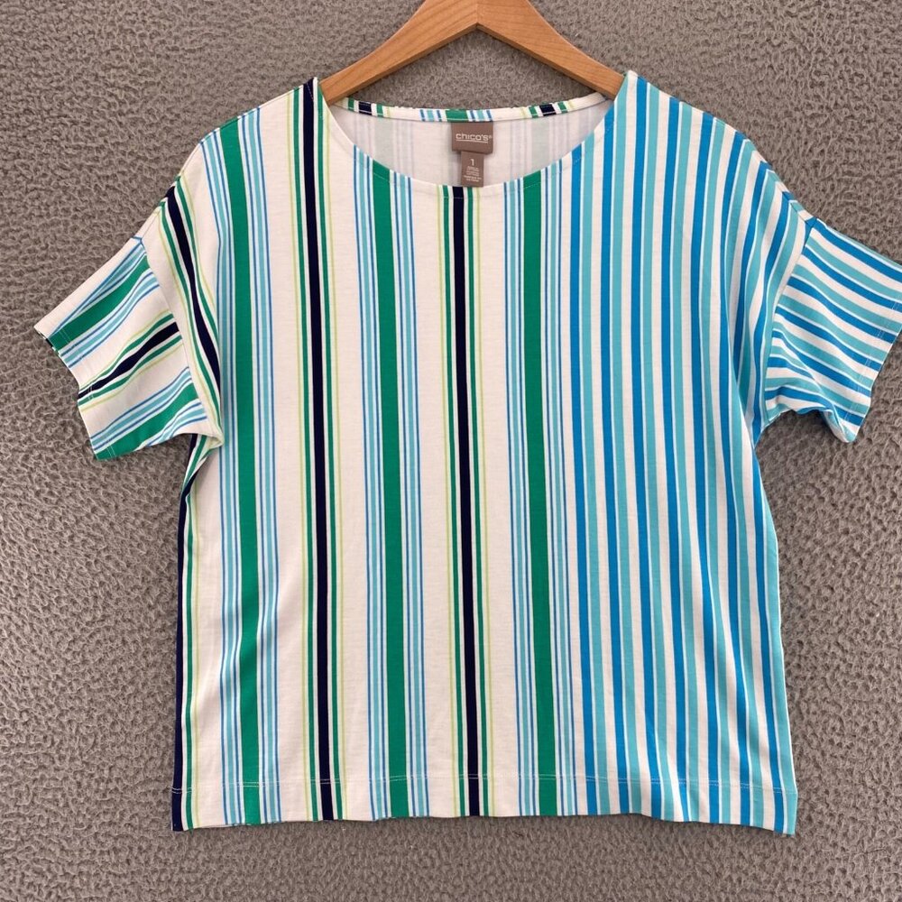 Chicos Top Womens 1 US Medium Green Stripe Balance East West Tee Short Sleeves